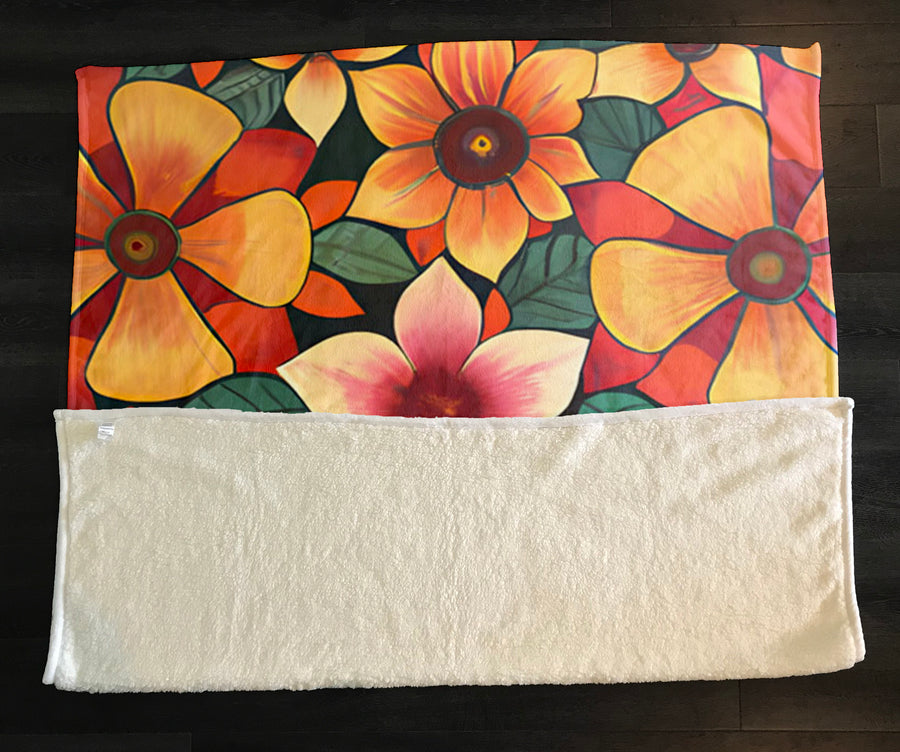 Orange Retro Floral Pattern Fleece Sherpa Blanket