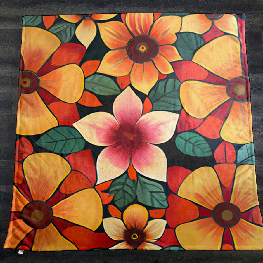 Orange Retro Floral Pattern Fleece Sherpa Blanket
