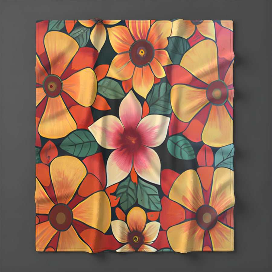 Orange Retro Floral Pattern Fleece Sherpa Blanket