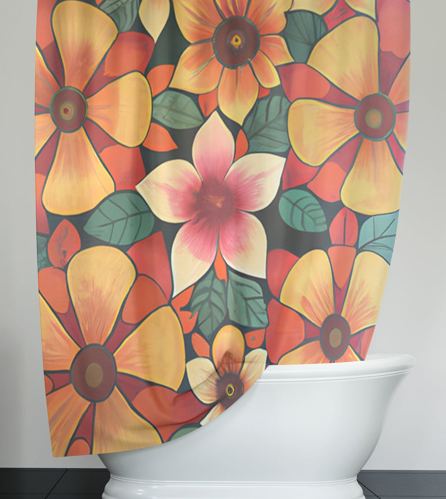 Orange Retro Floral Pattern Shower Curtain