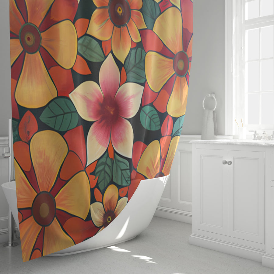 Orange Retro Floral Pattern Shower Curtain
