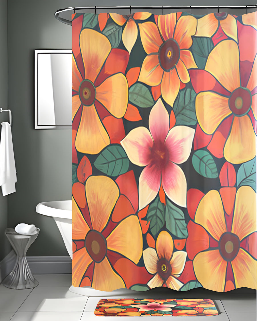 Orange Retro Floral Pattern Shower Curtain