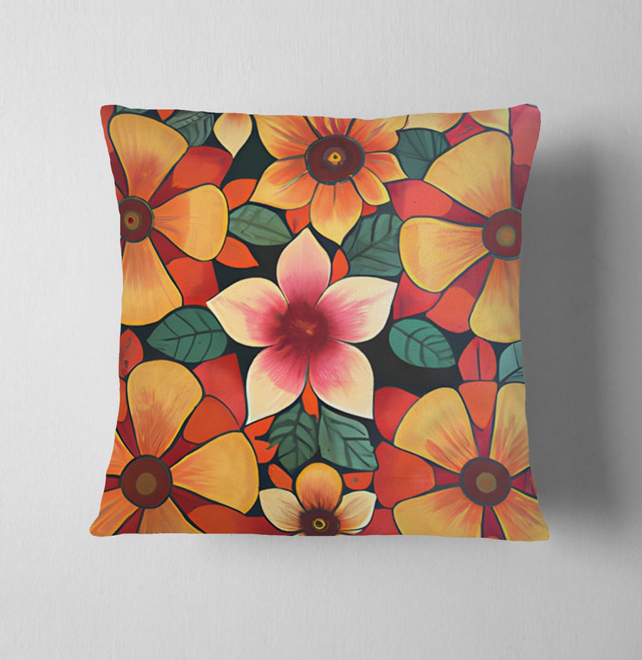 Orange Retro Floral Pattern Throw Pillow Cover