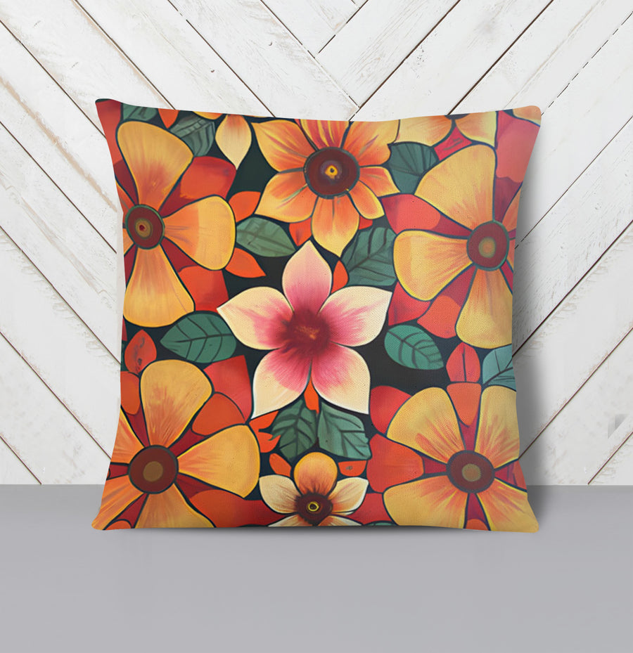 Orange Retro Floral Pattern Throw Pillow Cover