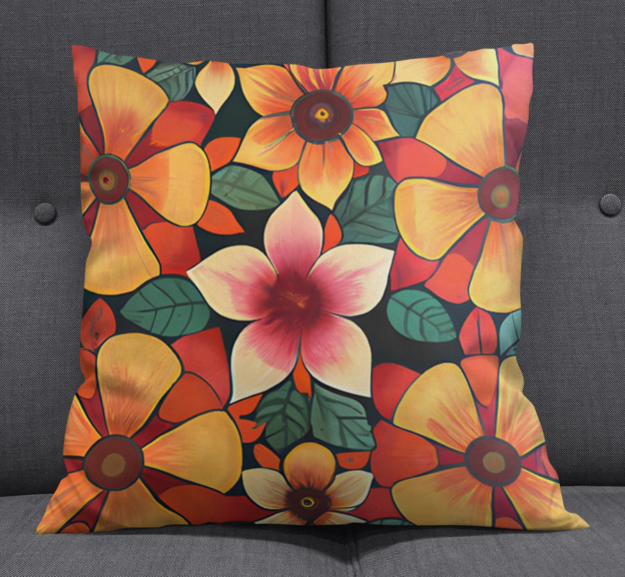 Orange Retro Floral Pattern Throw Pillow Cover