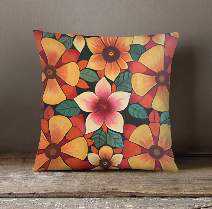 Orange Retro Floral Pattern Throw Pillow Cover