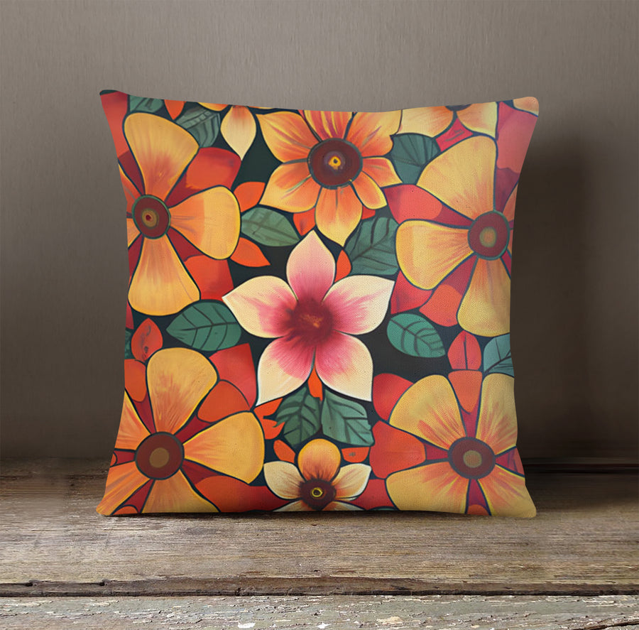 Orange Retro Floral Pattern Throw Pillow Cover