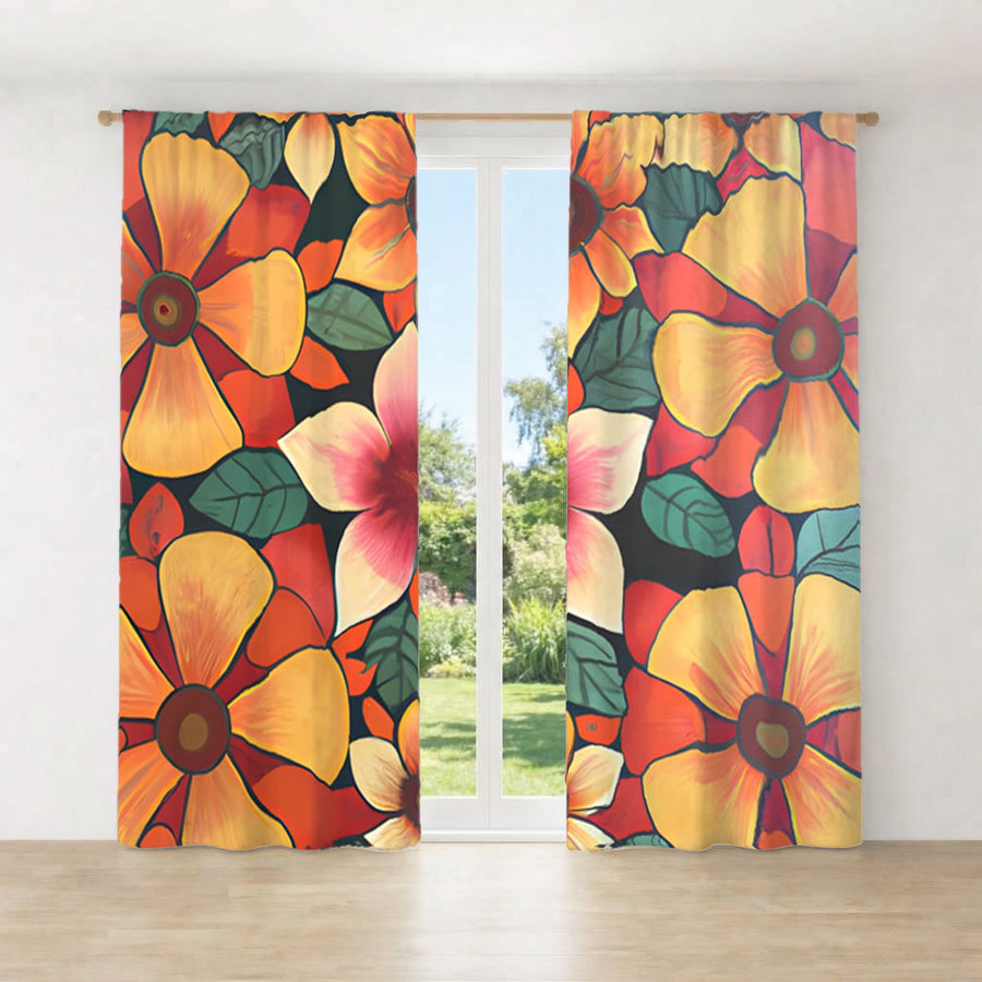 Orange Retro Floral Pattern Window Curtain