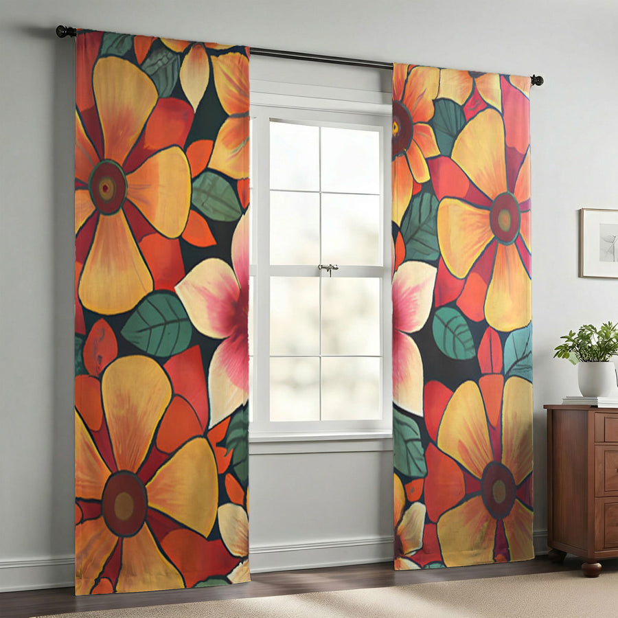 Orange Retro Floral Pattern Window Curtain