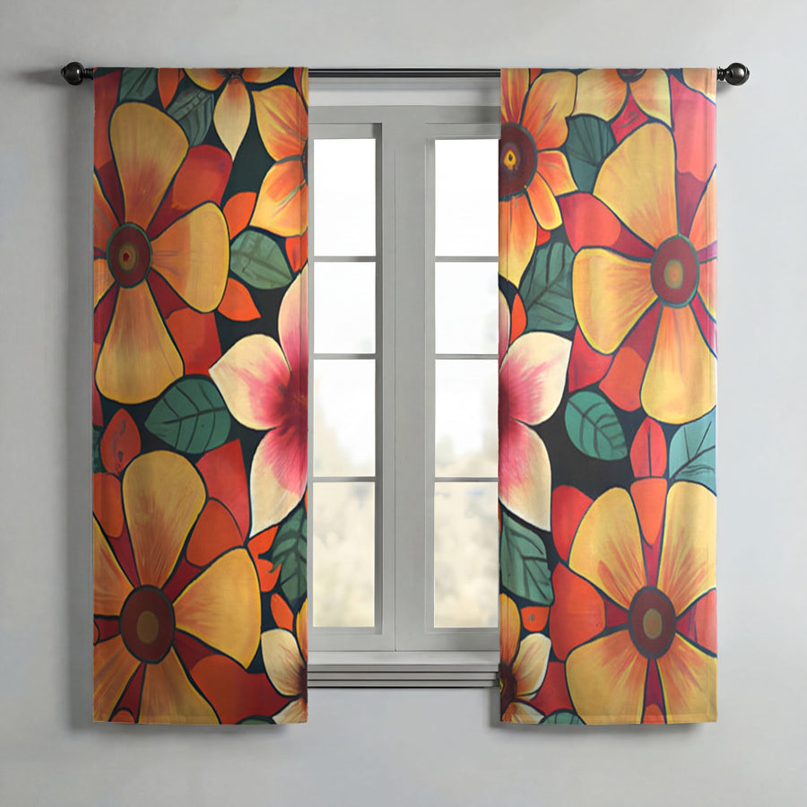 Orange Retro Floral Pattern Window Curtain