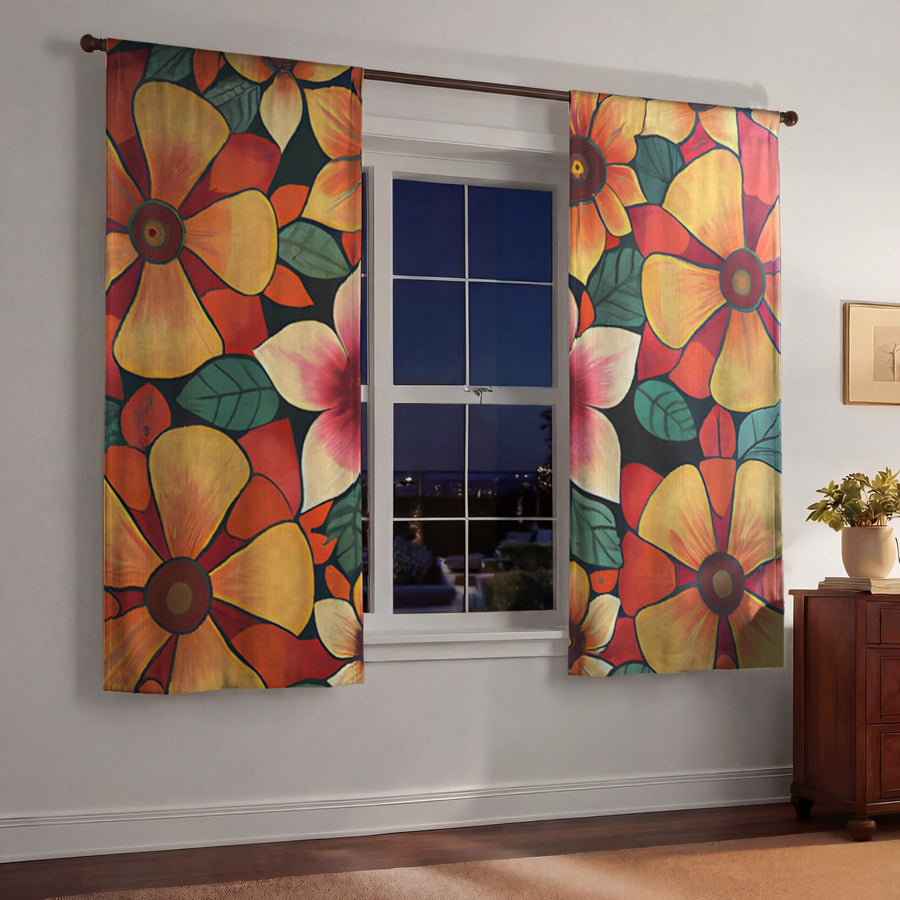 Orange Retro Floral Pattern Window Curtain