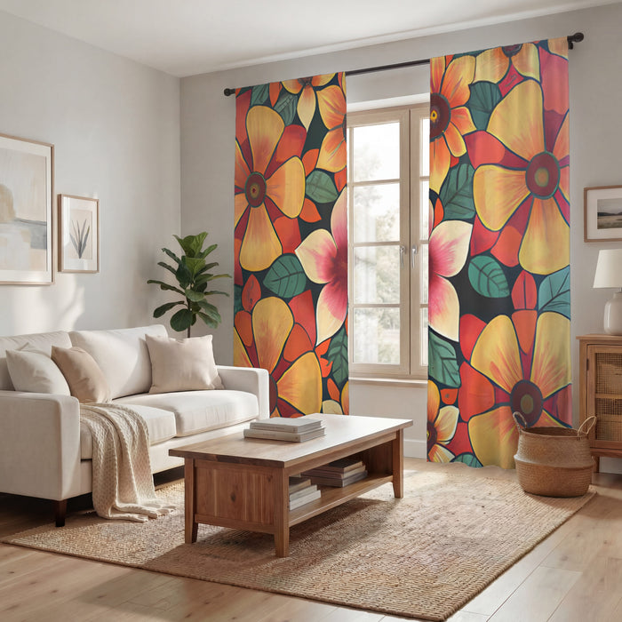 Orange Retro Floral Pattern Window Curtain