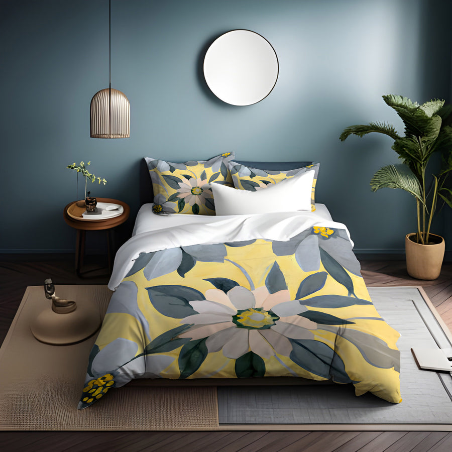 Yellow and Gray Floral Pattern Duvet Cover