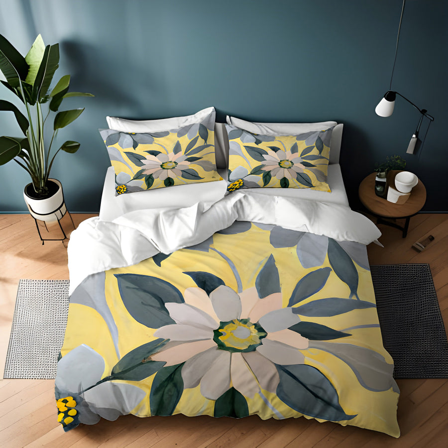 Yellow and Gray Floral Pattern Duvet Cover