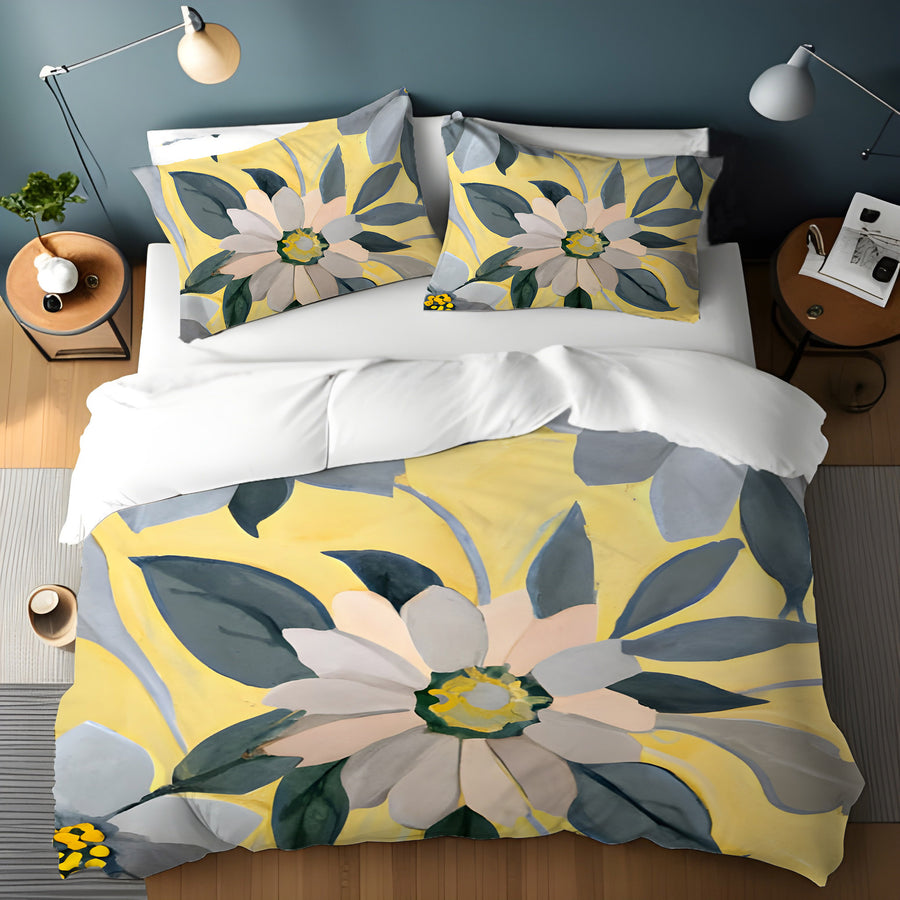 Yellow and Gray Floral Pattern Duvet Cover