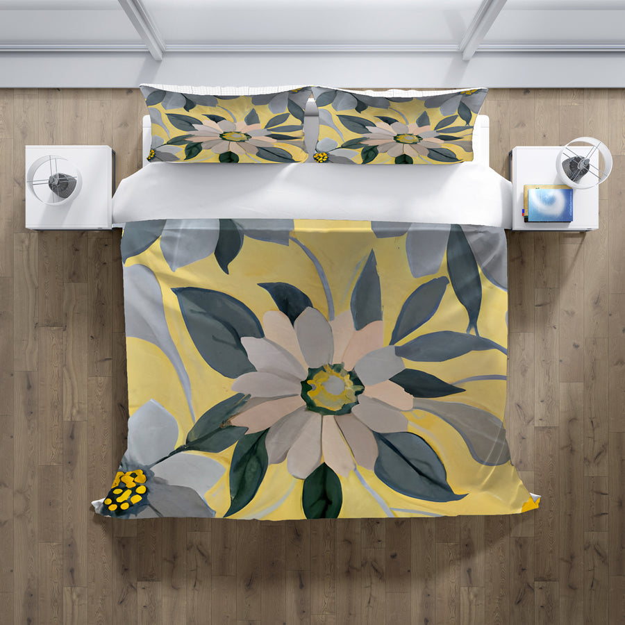 Yellow and Gray Floral Pattern Duvet Cover