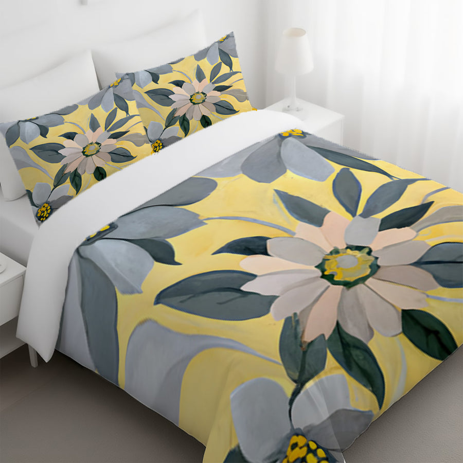 Yellow and Gray Floral Pattern Duvet Cover