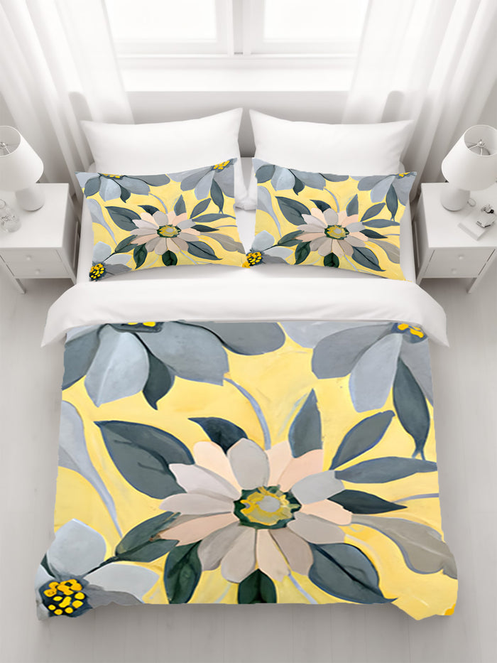 Yellow and Gray Floral Pattern Duvet Cover