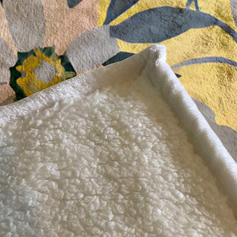 Yellow and Gray Floral Pattern Fleece Sherpa Blanket