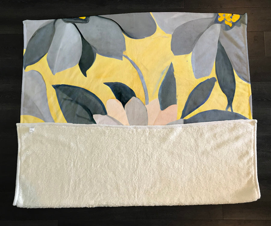 Yellow and Gray Floral Pattern Fleece Sherpa Blanket