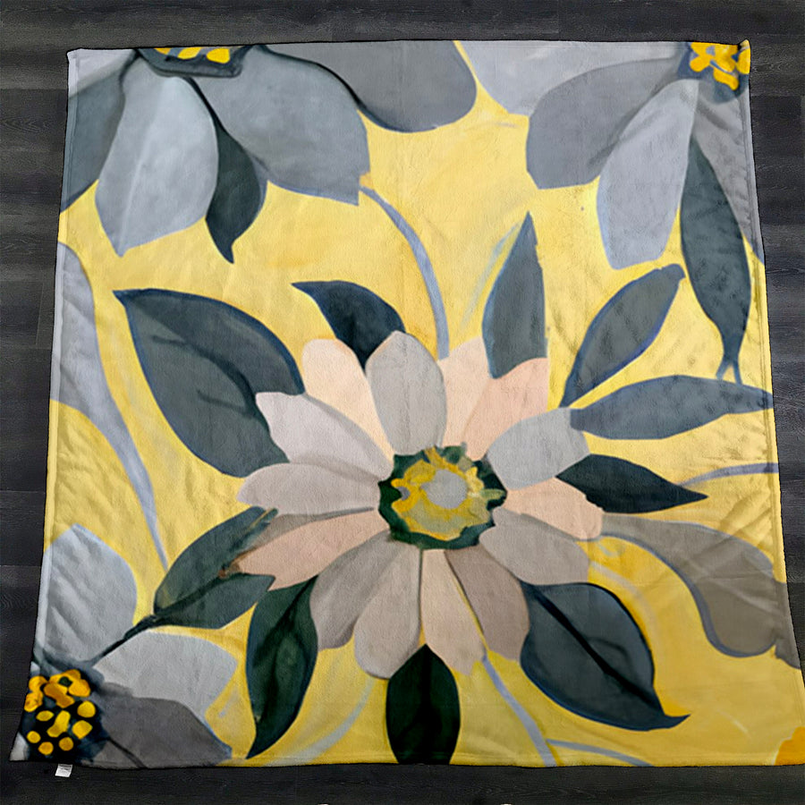 Yellow and Gray Floral Pattern Fleece Sherpa Blanket
