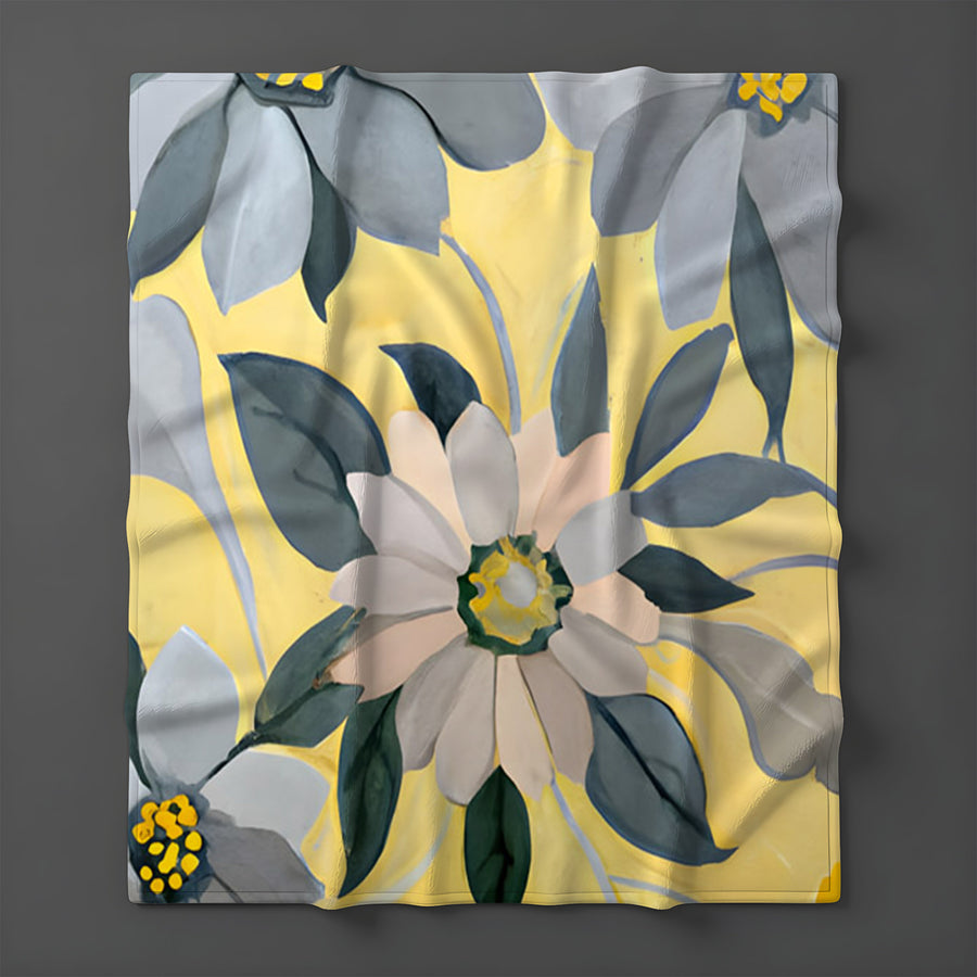 Yellow and Gray Floral Pattern Fleece Sherpa Blanket