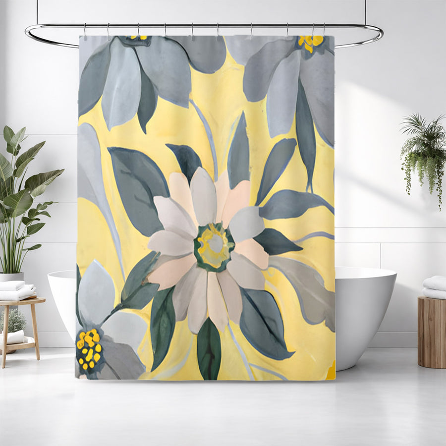 Yellow and Gray Floral Pattern Shower Curtain