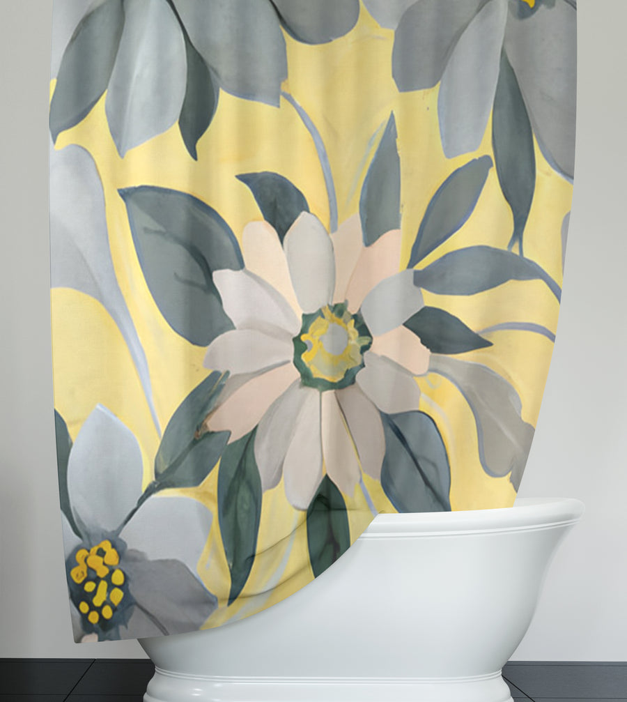 Yellow and Gray Floral Pattern Shower Curtain