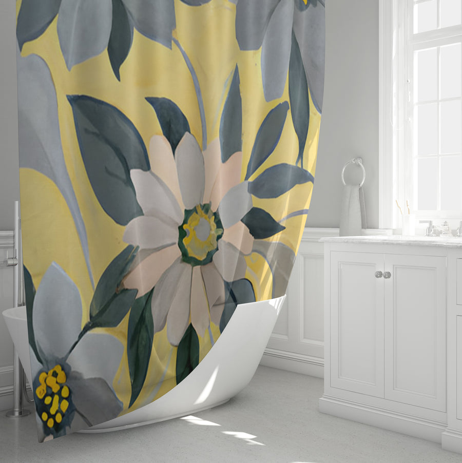 Yellow and Gray Floral Pattern Shower Curtain