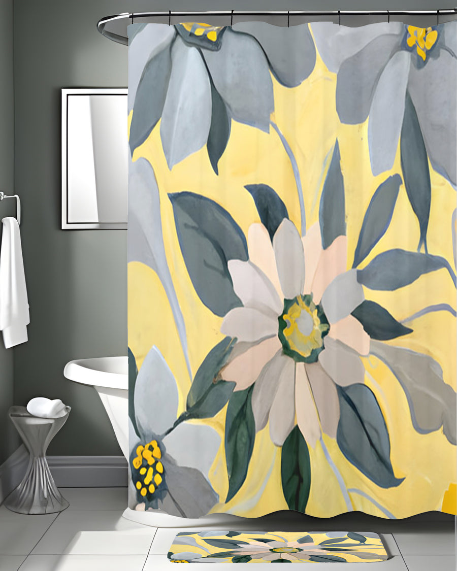 Yellow and Gray Floral Pattern Shower Curtain