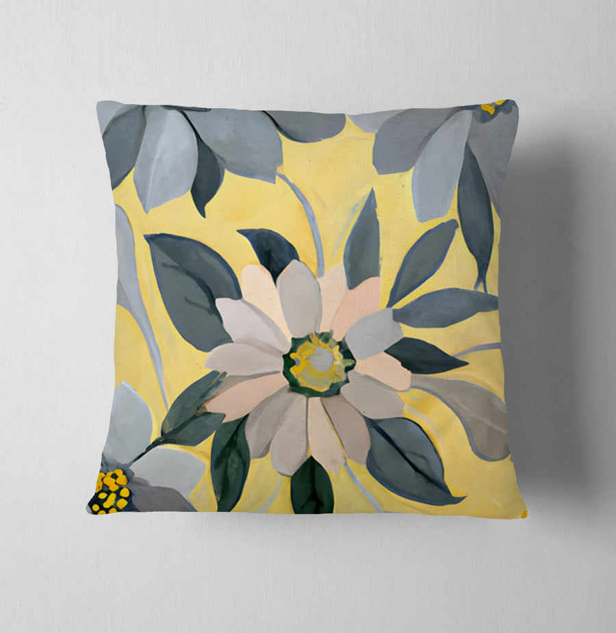 Yellow and Gray Floral Pattern Throw Pillow Cover