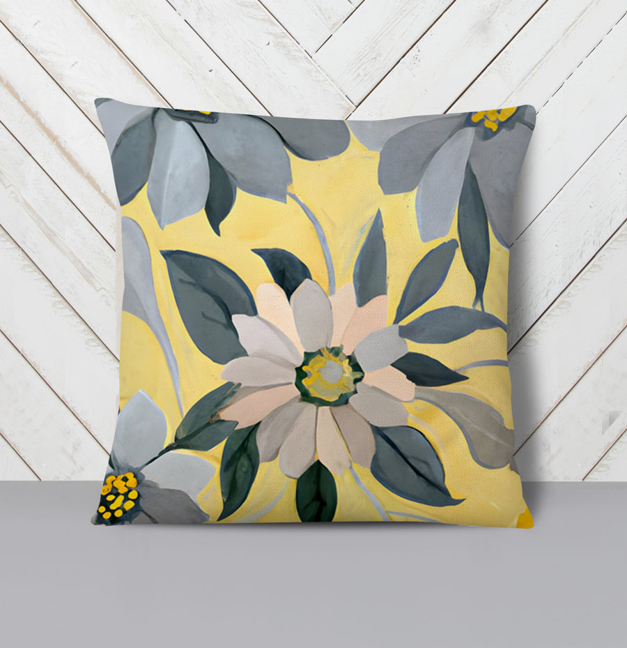 Yellow and Gray Floral Pattern Throw Pillow Cover