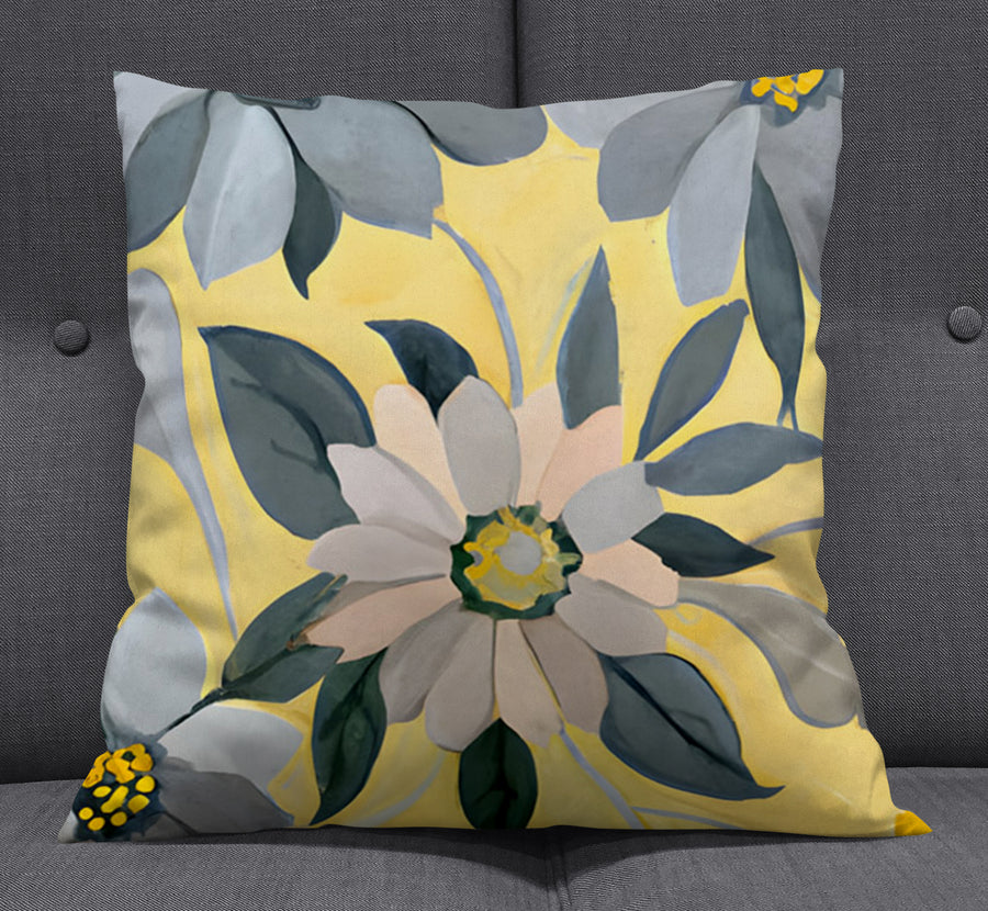 Yellow and Gray Floral Pattern Throw Pillow Cover