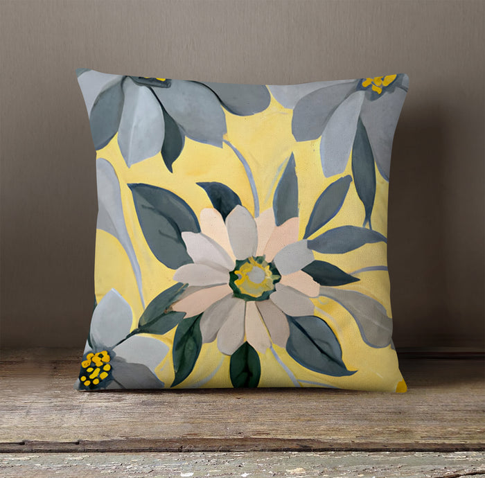 Yellow and Gray Floral Pattern Throw Pillow Cover