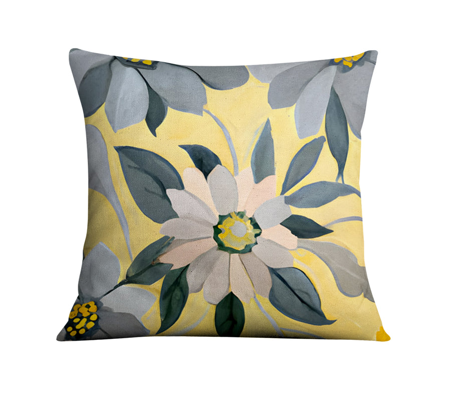 Yellow and Gray Floral Pattern Throw Pillow Cover