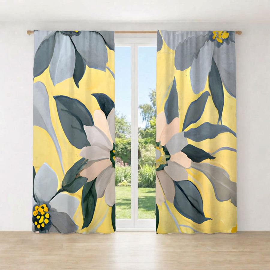 Yellow and Gray Floral Pattern Window Curtains