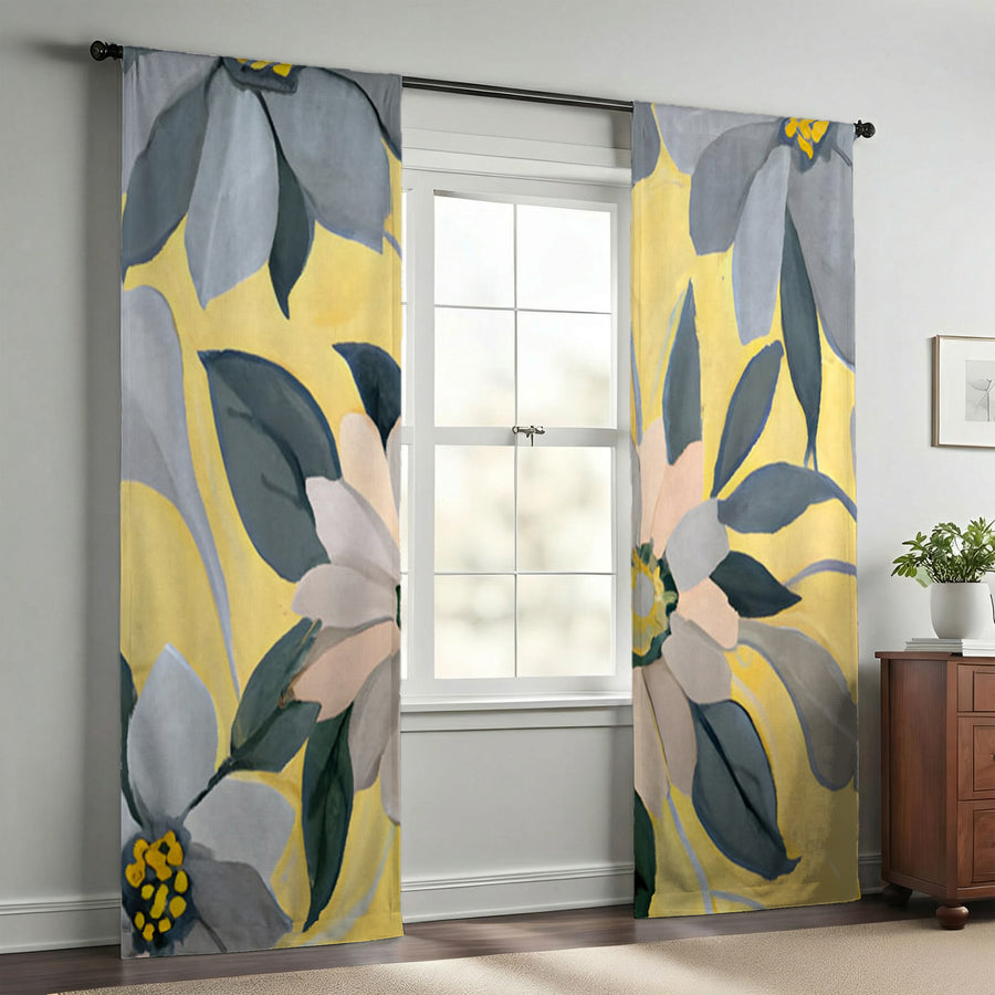 Yellow and Gray Floral Pattern Window Curtains