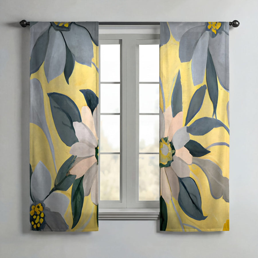 Yellow and Gray Floral Pattern Window Curtains