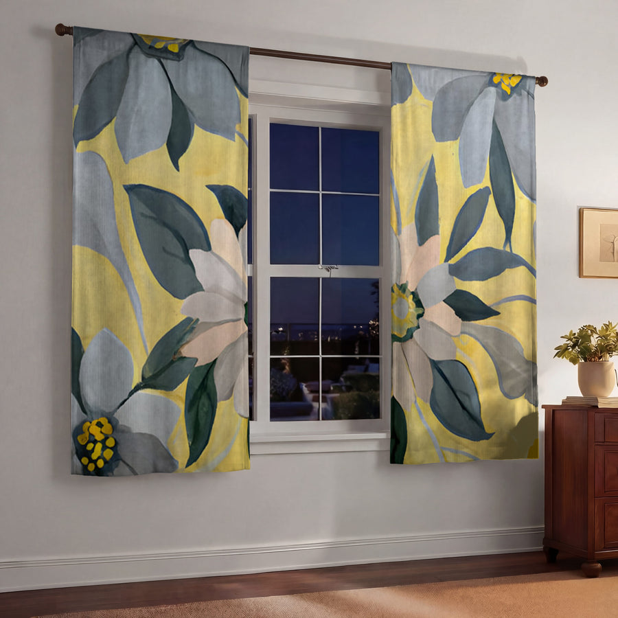 Yellow and Gray Floral Pattern Window Curtains