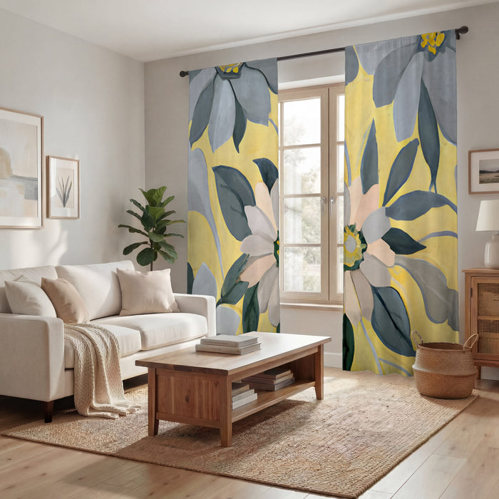 Yellow and Gray Floral Pattern Window Curtains