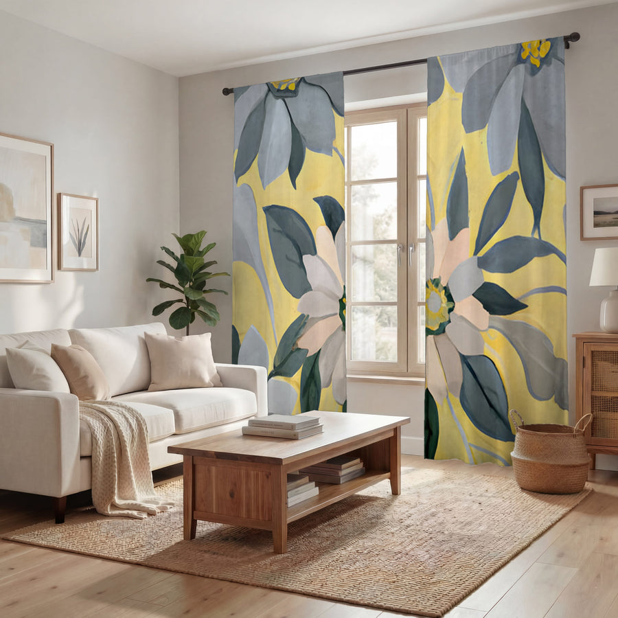 Yellow and Gray Floral Pattern Window Curtains