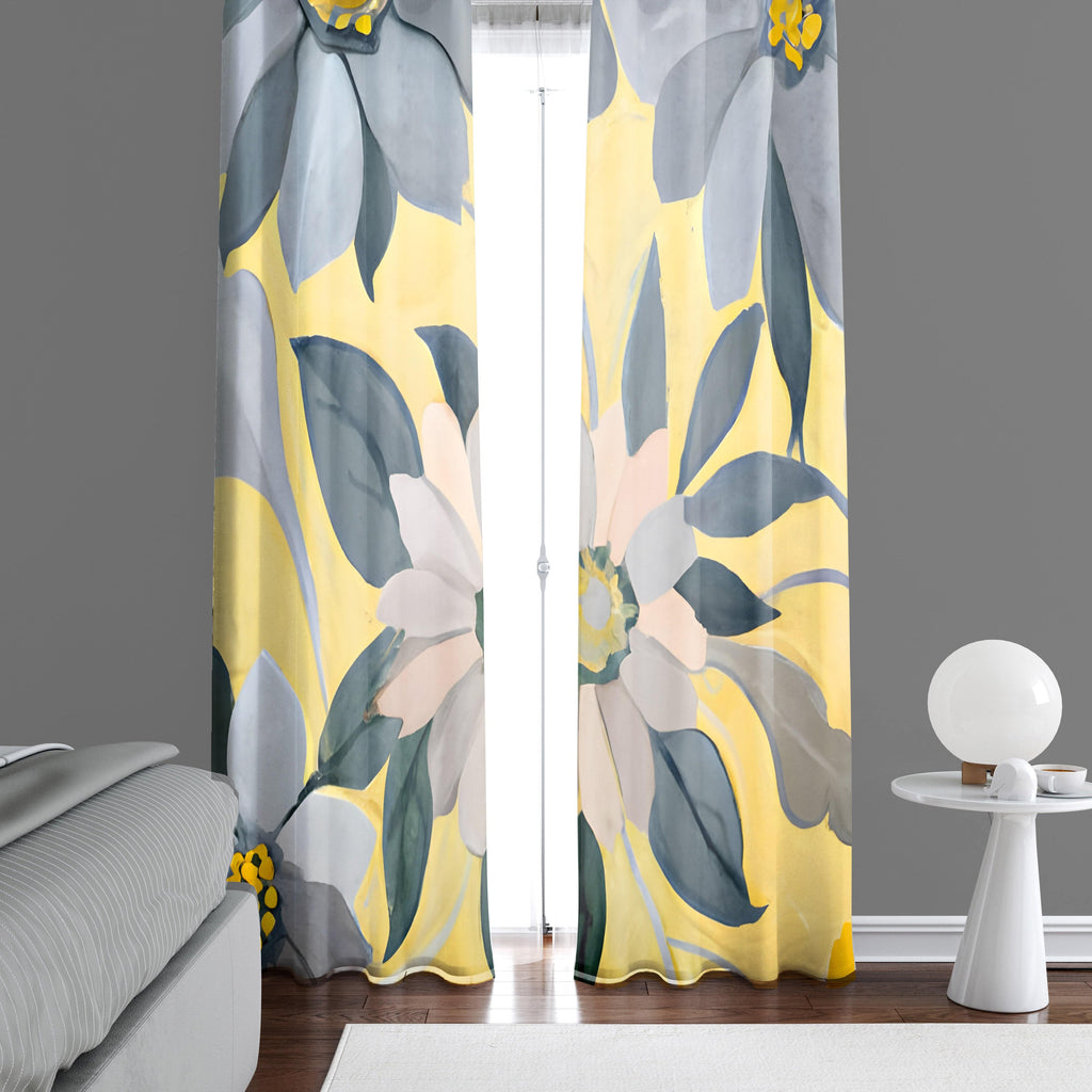 Painted Floral Window Curtains - Yellow and Gray Simple Flower Print - Deja Blue Studios