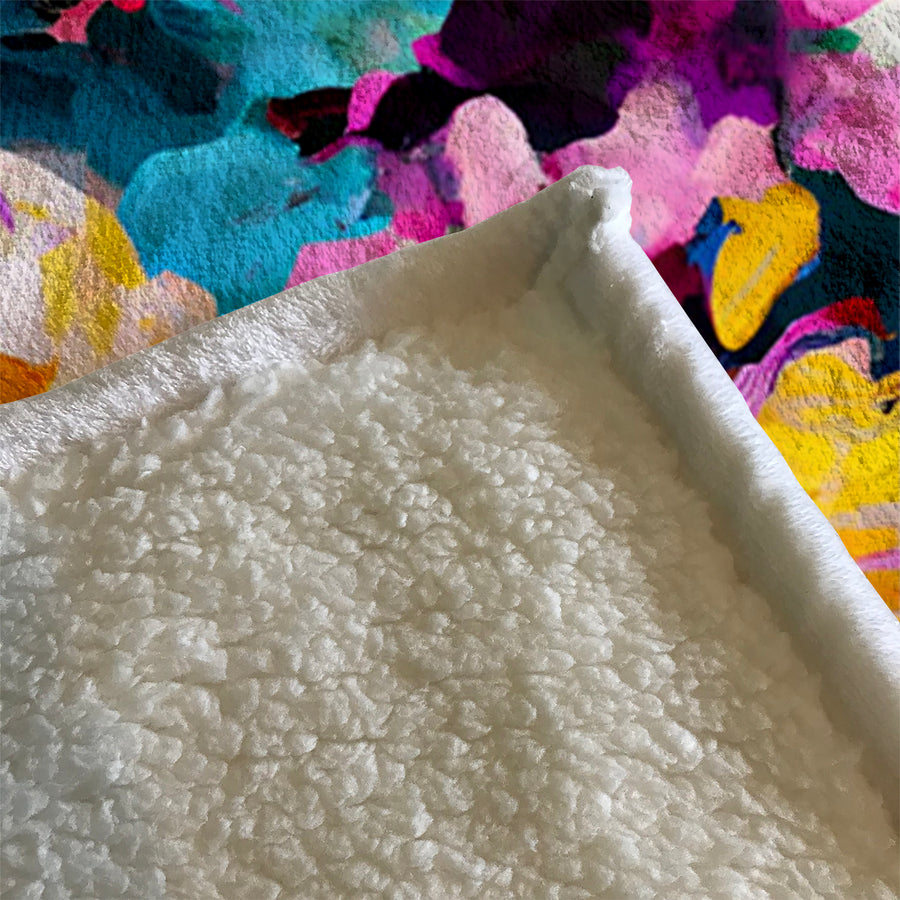 Pink and Blue Floral Artwork Fleece Sherpa Blanket