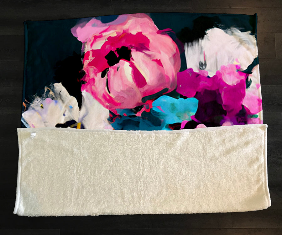 Pink and Blue Floral Artwork Fleece Sherpa Blanket