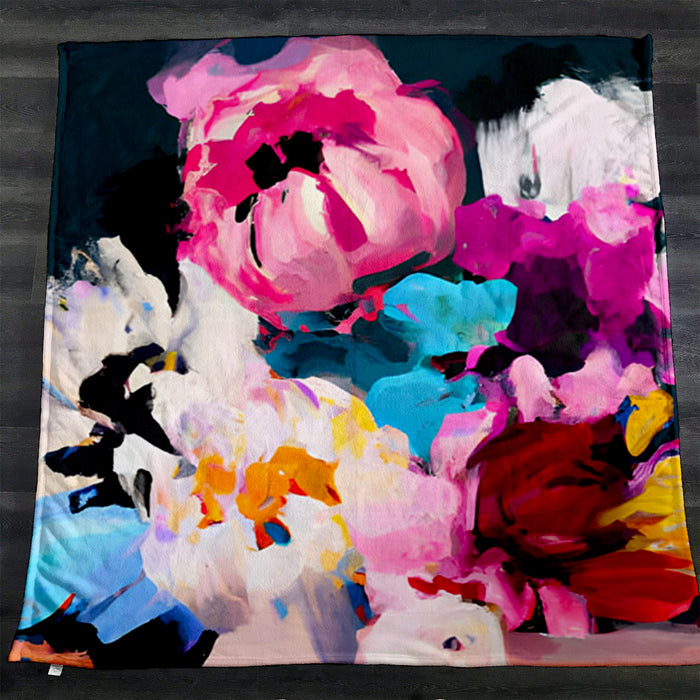 Pink and Blue Floral Artwork Fleece Sherpa Blanket