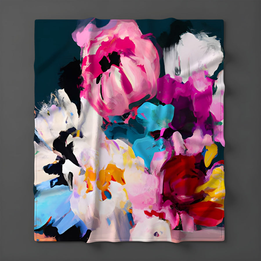 Pink and Blue Floral Artwork Fleece Sherpa Blanket
