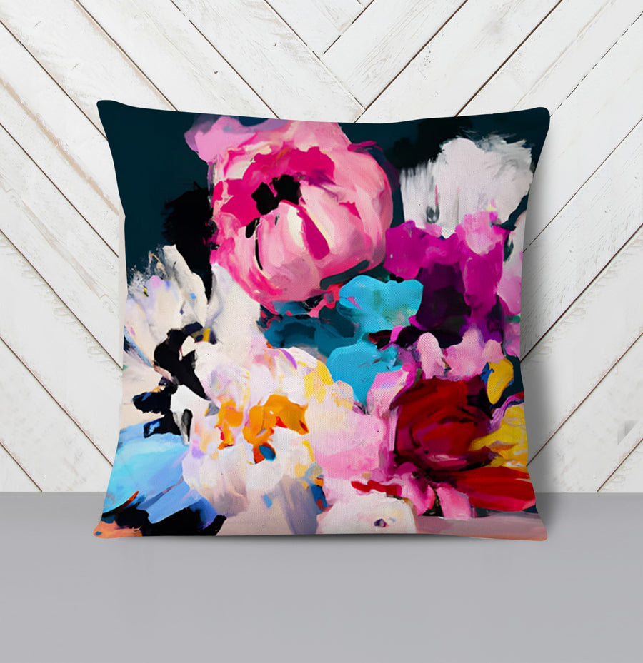 Pink and Blue Floral Artwork Throw Pillow Cover