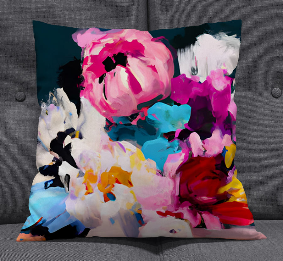 Pink and Blue Floral Artwork Throw Pillow Cover