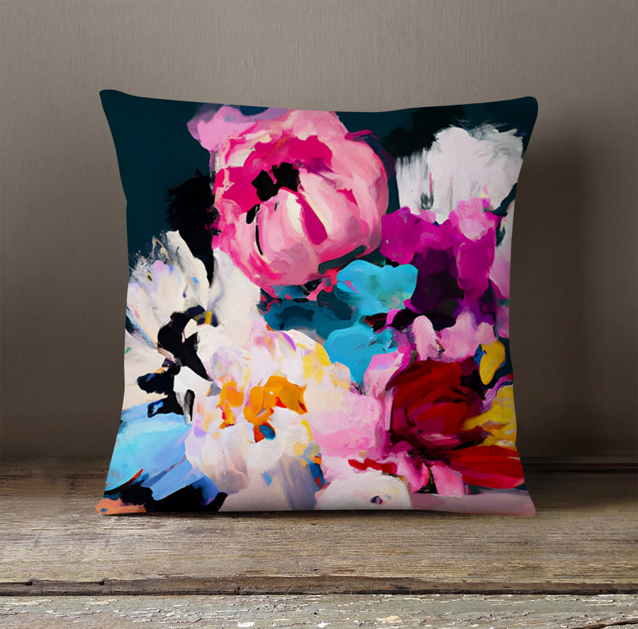 Pink and Blue Floral Artwork Throw Pillow Cover