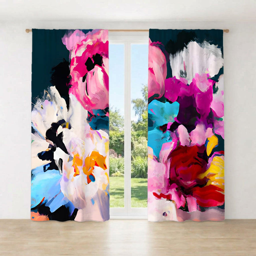 Pink and Blue Floral Artwork Window Curtains